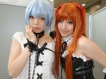  ayanami_rei blue_hair bustier cosplay elbow_gloves frills gloves hair_ribbon hair_ribbons lace leash lingerie namada neon_genesis_evangelion photo red_eyes ribbon ruffles saya saya_(cosplayer) soryu_asuka_langley twintails underwear 