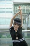  1girl asian bling brown_eyes brown_hair crown female hat highres jewelry kipi-san necklace photo short_hair smile solo 
