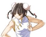  bare_shoulders black_hair blush brown_eyes bun_cover chao_lingshen china_dress chinese_clothes double_bun dress kasuga_yukihito mahou_sensei_negima! solo 