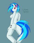  anthro anthrofied blue_background blue_hair breasts butt cutie_mark equine eyewear female friendship_is_magic fur goggles hair hooves horn horse long_hair looking_at_viewer looking_back luthien mammal musical_note my_little_pony nippels nipples plain_background pony pussy red_eyes short_hair solo sunglasses tail unicorn vinyl_scratch_(mlp) white white_fur 