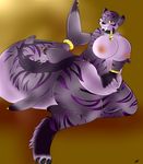  amber_eyes bell big_breasts big_butt big_thighs bracelet breasts brown_background butt chubby claws collar feline female fish fur hi_res huge_breasts hybrid jewelry kyreena mammal marine nipples overweight plain_background purple purple_fur purple_markings sabertooth shark shikaro21 smile smilodon solo stripes tail_ring tiger voluptuous 