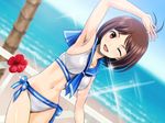  antenna_hair armpits bikini brown_eyes brown_hair dutch_angle hidaka_ai idolmaster idolmaster_dearly_stars midriff muhi11234 navel ocean one_eye_closed sailor_bikini sailor_collar sailor_swimsuit_(idolmaster) solo swimsuit 