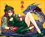  2012 alternate_costume braid dragon hat highres hong_meiling ledjoker07 long_hair purple_eyes red_hair solo touhou twin_braids 