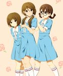  alternate_hairstyle bad_id bad_pixiv_id braid dress extra glasses hirasawa_yui k-on! k-on!_movie kinoshita_shizuka kneehighs multiple_girls shian_(my_lonly_life.) singing! tachibana_himeko twin_braids 