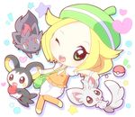  apple bel_(pokemon) blonde_hair chibi emolga food fruit gen_5_pokemon green_eyes heart holding holding_food holding_fruit minccino mirai_(sugar) open_mouth pantyhose poke_ball pokemon pokemon_(creature) pokemon_(game) pokemon_bw smile star zorua 