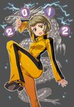 2012 bad_id bad_pixiv_id blonde_hair bodysuit bruce_lee's_jumpsuit dragon electricity fighting_stance fujisawa_takashi green_eyes huang_baoling new_year orange_bodysuit shoes short_hair sneakers solo standing standing_on_one_leg tiger_&amp;_bunny 