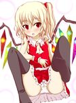  black_legwear blonde_hair fang feet flandre_scarlet furagu highres no_hat no_headwear panties pantyshot red_eyes shirt side_ponytail skirt sleeveless sleeveless_shirt slit_pupils soles solo thighhighs touhou underwear white_panties wings wrist_cuffs 