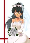  bad_id bad_pixiv_id bare_shoulders black_hair blue_eyes blush bouquet bridal_veil dress elbow_gloves flower formal ganaha_hibiki gloves hair_flower hair_ornament highres idolmaster idolmaster_(classic) jewelry long_hair rose smile solo veil wedding_dress white_flower white_rose youhei_(testament) 