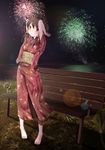  aerial_fireworks ahirun alternate_costume arms_behind_head barefoot bench brown_hair fireworks floral_print hair_tubes hakurei_reimu japanese_clothes kimono lens_flare obi outdoors park_bench red_eyes sash solo standing touhou yukata 