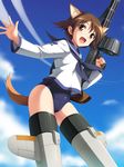  :d animal_ears brown_eyes brown_hair cameltoe cygnus_(cygnus7) gun highres machine_gun md5_mismatch miyafuji_yoshika open_mouth rifle sailor_collar school_swimsuit short_hair smile solo strike_witches striker_unit swimsuit swimsuit_under_clothes tail trigger_discipline uniform weapon world_witches_series 