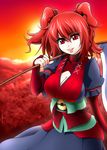  alternate_color bad_id bad_pixiv_id belt breasts cleavage coin field flower flower_field gauntlets hair_bobbles hair_ornament large_breasts lips mattari_yufi onozuka_komachi red_eyes red_hair red_sky scythe shirt skirt sky smile solo touhou two_side_up 