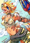  armlet armor band-aid bandage belt blonde_hair bra breasts canine carnival_(artist) cleavage clothed clothing cloud clouds collar eyes_closed fangs female fox fur hair happy mammal midriff multi-colored_hair navel open_mouth orange orange_fur solo spikes sticking_plaster tail tattoo tears tears_of_joy thong torn_clothing underwear 