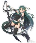  2012 bare_shoulders belt breasts cleavage_cutout copyright_request covered_nipples dragon_girl fingerless_gloves gloves green_eyes green_hair highleg highres kimura_shigetaka medium_breasts monster_girl new_year simple_background solo sword thighhighs weapon 