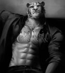  2019 abs anthro clothed clothing felid fur greyscale kuron male mammal monochrome muscular muscular_male open_shirt pantherine pecs simple_background solo text 