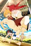  2boys aladdin_(magi) ali_baba_saluja ankle_lace-up barefoot blonde_hair blue_eyes blue_hair cross-laced_footwear feet holding jumping long_hair magi_the_labyrinth_of_magic midriff morgiana multiple_boys one_side_up palace polearm red_eyes red_hair running sand short_hair tobita turban weapon yellow_eyes 