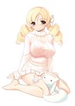  :3 bad_id bad_pixiv_id barefoot blonde_hair bottomless breasts covered_nipples drill_hair impossible_clothes impossible_sweater jiji kyubey large_breasts looking_at_viewer mahou_shoujo_madoka_magica naked_sweater ribbed_sweater shirt simple_background sitting sweater taut_clothes taut_shirt tomoe_mami wariza white_background 