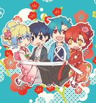  2girls alternate_hairstyle blue_hair chibi flower hair_flower hair_ornament hisui_(paingumi) japanese_clothes kamina kimono lowres multicolored_hair multiple_boys multiple_girls nia_teppelin red_hair simon tengen_toppa_gurren_lagann two-tone_hair yoko_littner 