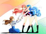  blue_hair boots brown_hair double-h_(mawaru_penguindrum) dress hair_ornament holding_hands isora_hibari kneeling leotard long_hair long_legs mawaru_penguindrum multiple_girls red_hair takakura_himari utada_hikari yellow_eyes yuzuru86 