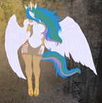  absurd_res big_breasts boots breasts crown cutie_mark equine female friendship_is_magic hi_res horn horse multi-colored_hair my_little_pony pegacorn princess_celestia_(mlp) raislinalston16 skimpy smile solo white wings 