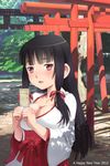  2012 bangs black_hair blunt_bangs blush bow breasts cleavage covered_nipples hair_bow hair_ribbon japanese_clothes large_breasts meow_(nekodenki) miko multiple_torii new_year ofuda open_mouth original red_eyes ribbon solo torii tree_shade 