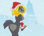  beverage blonde_hair blue_eyes breasts butt canine champagne christmas english_text female furry_wolf hair hat helsy holidays lafille looking_back mammal nude russian_text santa_hat solo text wolf 