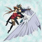  2girls bare_shoulders bat_wing black_hair boots breasts brown_hair dress fudou_yuusei genderswap gloves high_heel_boots high_heels highres jacket long_hair multiple_girls plurk skirt stardust_dragon thighhighs yu-gi-oh! yuki_judai yuu-gi-ou_5d&#039;s yuu-gi-ou_5d's yuu-gi-ou_gx yuuki_juudai 