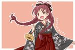  alternate_costume artist_request black_ribbon braid cherry_blossoms ema fang floral_print hair_ribbon hakama japanese_clothes kimono kyubey long_hair long_sleeves madoka_runes mahou_shoujo_madoka_magica meiji_schoolgirl_uniform new_year open_mouth pink_background red_eyes red_hair red_hakama ribbon sakura_kyouko simple_background smile twin_braids wide_sleeves 