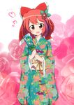  blush bow brown_eyes chinese_zodiac dragon floral_print flower furisode hagoita hair_bow hair_ornament heart highres japanese_clothes kimono massala new_year obi open_mouth original paddle pink_flower pink_rose red_hair rose sash short_hair smile solo year_of_the_dragon 