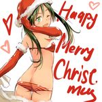  ass bikini_top black_hair butt_crack francesca_lucchini gloves long_hair looking_at_viewer looking_back lowleg lowleg_panties one_eye_closed open_mouth panties red_gloves santa_costume smile solo strike_witches striped striped_panties tsuchii_(ramakifrau) twintails underwear world_witches_series 