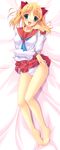  :d absurdres barefoot blonde_hair blush dakimakura full_body green_eyes highres idol_revolution legs open_mouth panties sakurai_momoka_(idol_revolution) school_uniform skirt skirt_lift smile solo two_side_up underwear white_panties yuki_usagi 