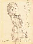  2012 bad_id bad_pixiv_id braid monochrome new_year nimirom original sketch skirt smile solo thighhighs 