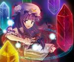  book capelet crescent crystal dress hair_ribbon hat lights long_hair magic_circle open_mouth patchouli_knowledge pikoring pink_dress purple_eyes purple_hair ribbon solo striped striped_dress touhou 