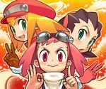  3girls :&gt; aero black_hair blonde_hair doyagao drawr earrings gloves goggles goggles_on_head green_eyes hairband hat jewelry kin_niku looking_at_viewer multiple_girls new_year ok_sign pink_eyes pink_hair pink_hairband rockman rockman_dash rockman_dash_3 roll_caskett smile tron_bonne v 