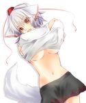  animal_ears aya-0w0 bad_id bad_pixiv_id breasts fang hat inubashiri_momiji medium_breasts midriff navel open_mouth red_eyes shirt shirt_lift short_hair silver_hair skirt solo tail tokin_hat touhou underboob undressing wolf_ears wolf_tail 