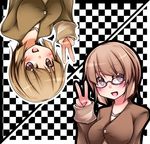  bad_id bad_pixiv_id blush breasts brown_hair checkered checkered_background glasses large_breasts multiple_girls open_mouth original pako_(moto_paco) red_eyes rotational_symmetry short_hair v 