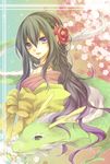  black_hair flower hair_ornament kuroi_(liar-player) long_hair new_year original purple_eyes rainbow_background 