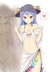  adapted_costume bare_legs bikini blue_hair blush breasts cleavage collarbone food front-tie_top fruit groin hat heart highres hinanawi_tenshi kutata long_hair navel no_panties off_shoulder peach red_eyes reflection sarong see-through shirt shirt_pull side-tie_skirt small_breasts smile solo spoken_heart strap_slip swimsuit tied_shirt touhou untied white_sarong 
