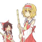  :d ^_^ alice_margatroid ascot bamboo bamboo_broom blonde_hair blush bow broom brown_hair closed_eyes cosplay detached_sleeves hair_bow hair_tubes hairband hakurei_reimu hakurei_reimu_(cosplay) happy large_bow multiple_girls natsuk open_mouth shirt skirt skirt_set smile touhou yellow_eyes 