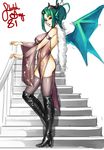  armlet ass bat_wings boots breasts china_dress chinese_clothes colorized detached_sleeves dress eu03 formal green_hair hair_ornament hair_up high_heels horns knee_boots large_breasts leather leather_boots no_panties original shoes side_slit solo stairs strapless strapless_dress thighhighs wide_sleeves wings 
