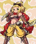  1girl 7th_dragon 7th_dragon_(series) blade blades blonde_hair blush doriruneko green_eyes midriff navel sanada_mike scarf solo weapon 