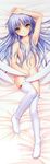  absurdres angel_beats! arm_up armpits covering covering_crotch dakimakura full_body hair_over_breasts highres huge_filesize legs lying na-ga nude purple_hair solo tenshi_(angel_beats!) thighhighs white_legwear yellow_eyes 
