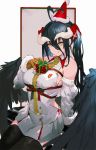  1girl ahoge albedo bangs bare_shoulders black_feathers black_hair black_wings bow breasts brown_gloves christmas christmas_present commentary_request demon_girl demon_horns demon_wings detached_sleeves dress feathered_wings feathers gloves hair_between_eyes hat highres horns large_breasts licking_lips looking_at_viewer low_wings overlord_(maruyama) pleated_skirt red_bow red_ribbon ribbon santa_hat sideboob sitting skirt slit_pupils so-bin thighhighs tongue tongue_out twintails white_dress wings yellow_eyes 