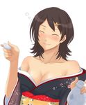  alcohol amagami bare_shoulders breasts brown_hair cleavage closed_eyes drunk hair_ornament hairclip japanese_clothes kimono medium_breasts off_shoulder sake smile solo takahashi_maya toki_(tokihakashi) 