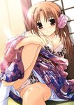  absurdres blush body_blush bra breasts cameltoe cleavage copyright_request floral_print highres japanese_clothes kimono light_particles light_rays lingerie medium_breasts panties solo sunbeam sunlight tatami underwear yukirin 