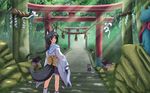  animal_ears bad_id bad_pixiv_id black_hair blue_eyes cat forest fox_ears fox_tail from_behind highres lantern light_rays long_hair looking_at_viewer looking_back nature original path road rope shide shimenawa shira-nyoro smile solo statue sunbeam sunlight tail torii wooden_lantern 