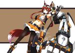  animal_ears armpits black_legwear breasts brown_background fatkewell fox_ears fox_tail goggles mechanical_arm medium_breasts midriff navel orange_skirt original pantyhose skirt solo tail takeno_reion weapon 