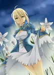  ahoge artoria_pendragon_(all) blonde_hair dress dutch_angle fate/stay_night fate_(series) flower green_eyes hair_ribbon hoshiyoruno lily_(flower) no_legwear ribbon saber skirt_hold solo 