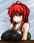  :q antenna_hair bad_id bad_pixiv_id bare_shoulders blush breast_rest breasts heart heart-shaped_pupils hiita large_breasts naughty_face pako_(moto_paco) red_eyes red_hair sitting solo symbol-shaped_pupils tongue tongue_out yuu-gi-ou yuu-gi-ou_duel_monsters 