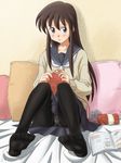  bed black_hair black_legwear blue_eyes crotch_seam feet knitting lielos long_hair magazine original panties panties_under_pantyhose pantyhose pantyshot pantyshot_(sitting) pillow school_uniform sera_haruna sidelocks sitting solo sweater underwear 