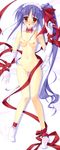  absurdres ankle_cuffs blue_hair blush breasts brown_eyes choker d: dakimakura detached_sleeves elbow_gloves full_body gloves headdress highres idol_revolution inagaki_miiko legs long_hair lying medium_breasts naked_ribbon nipples on_back open_mouth orange_eyes purple_hair pussy ribbon serizawa_ayano side_ponytail socks solo very_long_hair white_legwear 